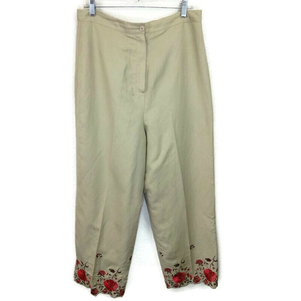 Larry Levine Tan Linen Blend Embroidered Pants 14